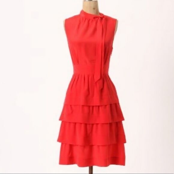 Anthropologie Girls From Savoy Red Silk Dress Tiered Sz 6 Ruffles - Picture 1 of 9